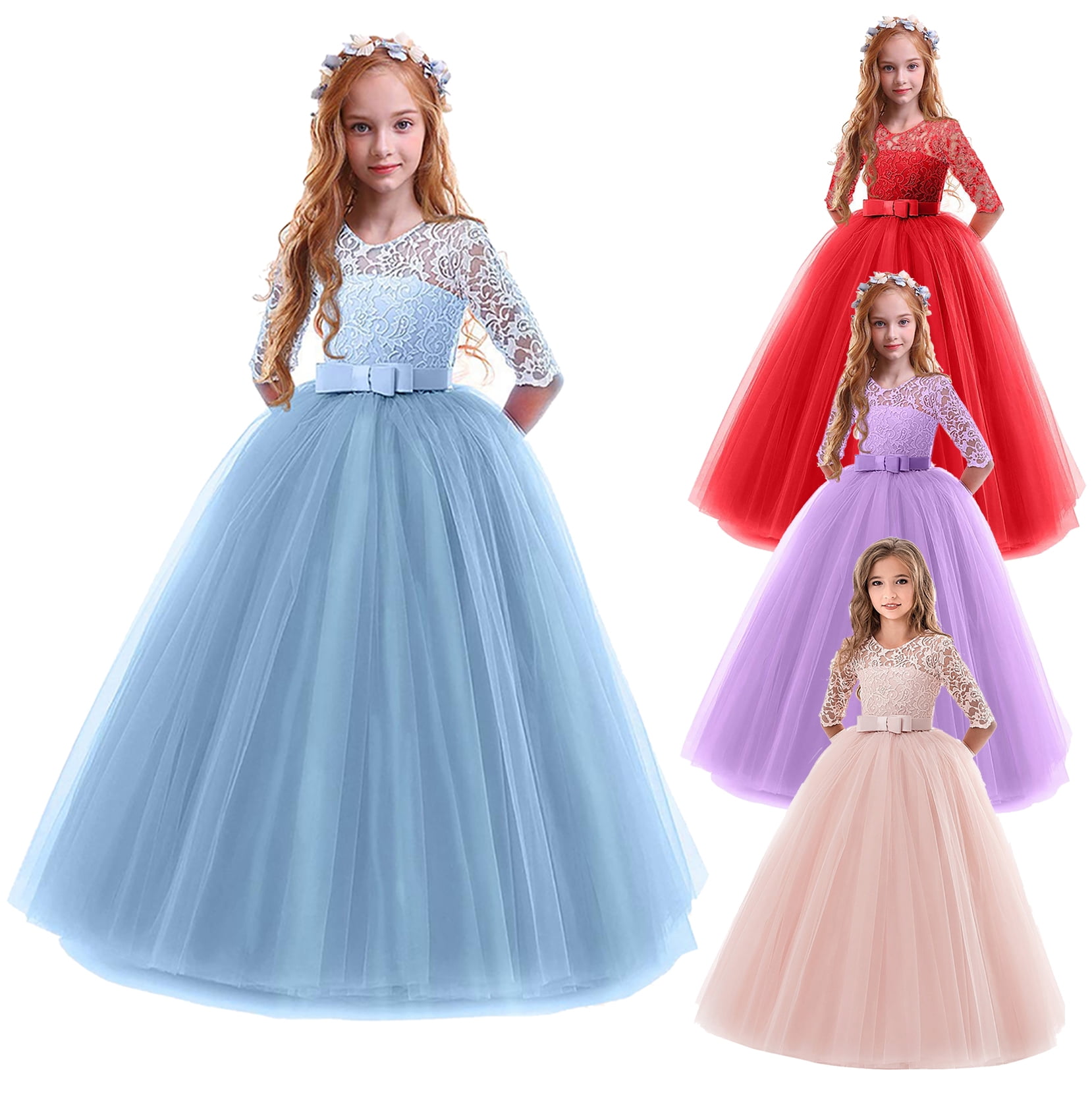 Girls Flower Lace Floor Length Dress - Vintage 3/4 Sleeve Princess Gown For Wedding & Party