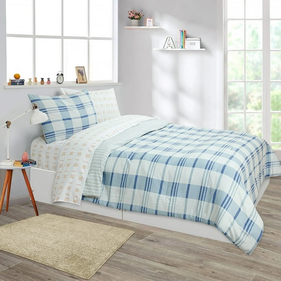 SCAD Piece by Piece 7-Piece Bedding Set, Plaid - Light Blue, Bed in a Bag with Reversible Comforter and Sheet Set, Full