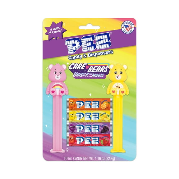 PEZ Candy Care Bears 2 Dispensers Plus 4 Rolls Assorted Fruit Candy, 1 Count,1.16 oz