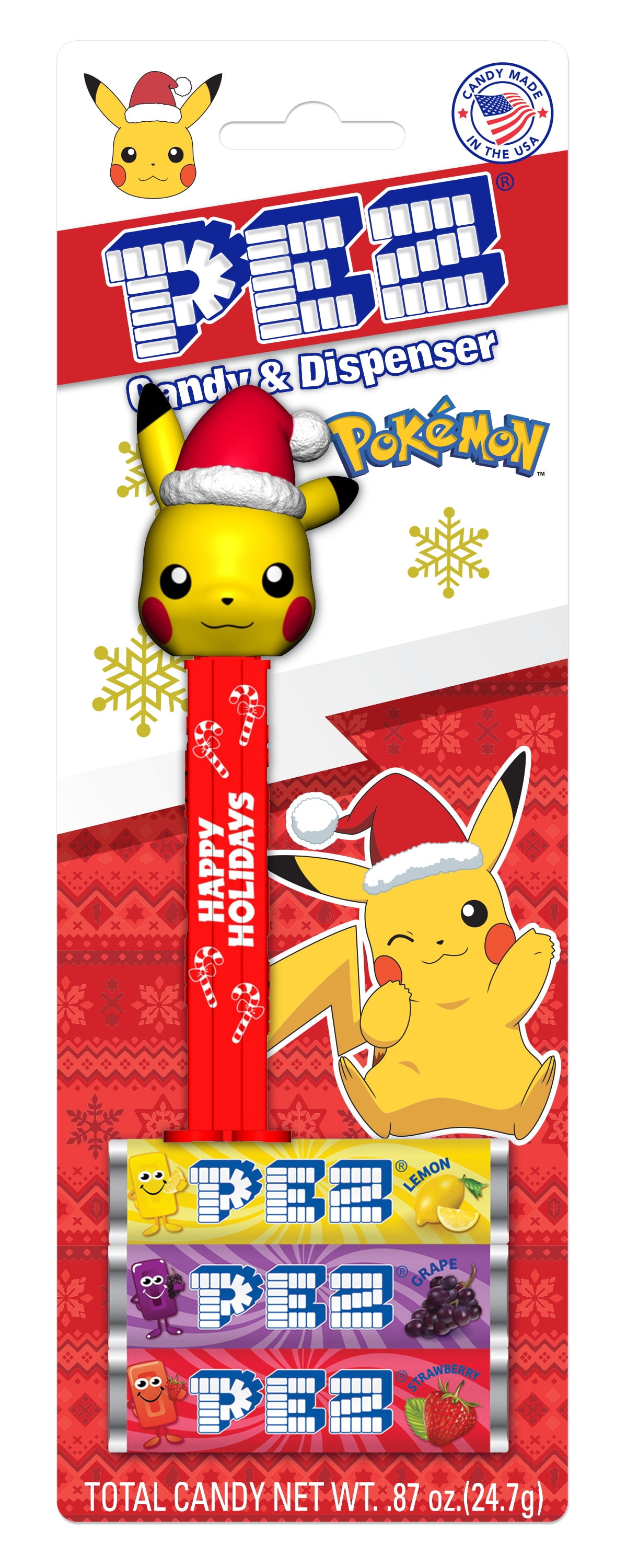 PEZ Candy Christmas Pikachu with Red Santa Hat, 1 Candy Dispenser Plus 3 Rolls Assorted Candy, 1 Count, 0.87 oz