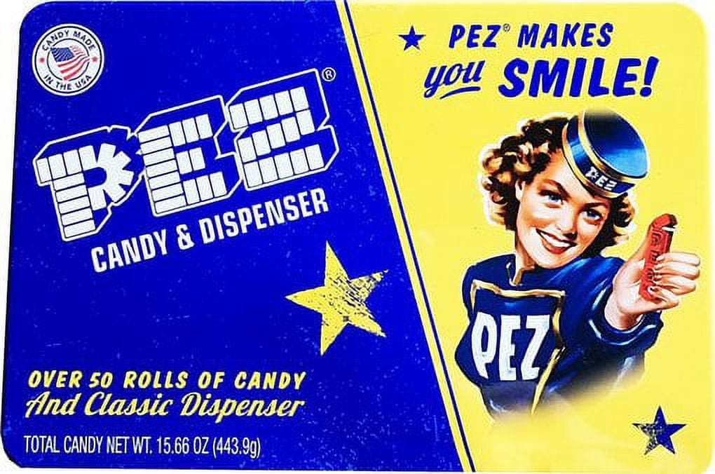 PEZ Candy Collectible Classic Gift Tin, 1 Novelty Candy Dispenser and 50 Rolls Assorted Fruit Candy, 1 Count, 15.66 oz