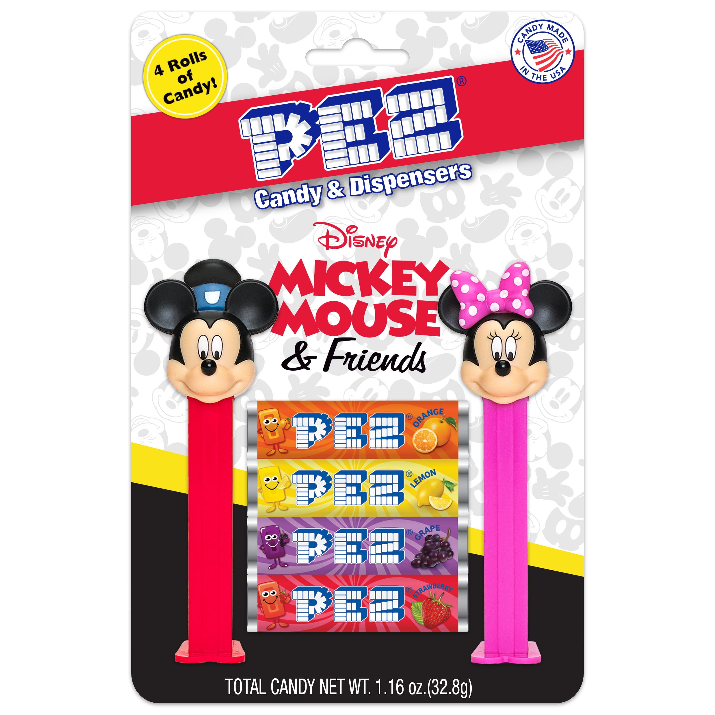 PEZ Candy Disney Mickey & Friends 2 Dispensers Plus 4 Rolls Assorted Fruit Candy, 1 Count, 1.16 oz