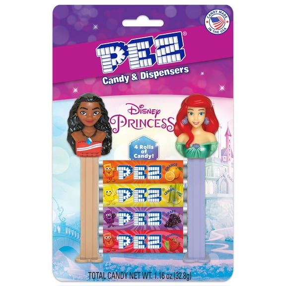 PEZ Candy Disney Princesses 2 Dispensers Plus 4 Rolls Assorted Fruit Candy, 1 Count, 1.16 oz