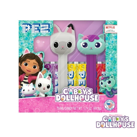 PEZ Candy DreamWorks Gabby's Dollhouse Twin Pack with 2 Candy Dispensers + 6 Rolls of Assorted Fruit Candy - Pandy Paws & Mercat Gift Set