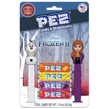 PEZ Candy Frozen 2 Dispensers Plus 4 Rolls Assorted Fruit Candy, 1 Count, 1.16 oz