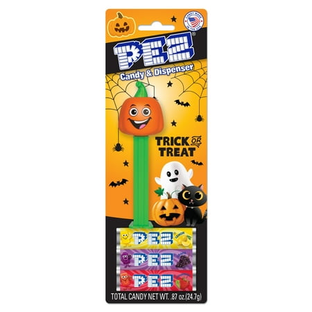 PEZ Candy Halloween Pumpkin, 1 Candy Dispenser Plus 3 Rolls Assorted Fruit Candy, 1 Count, 0.87 oz