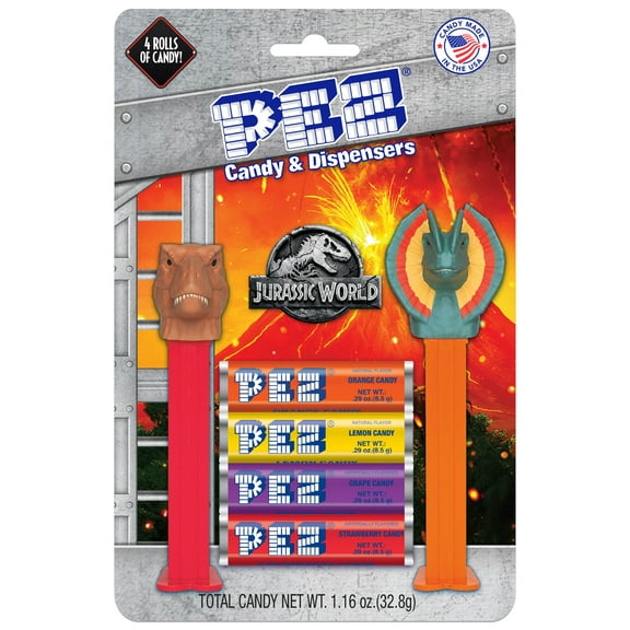 PEZ Candy Jurassic World 2 Candy Dispensers Plus 4 Rolls Assorted Fruit Candy, 1 Count, 1.16 oz