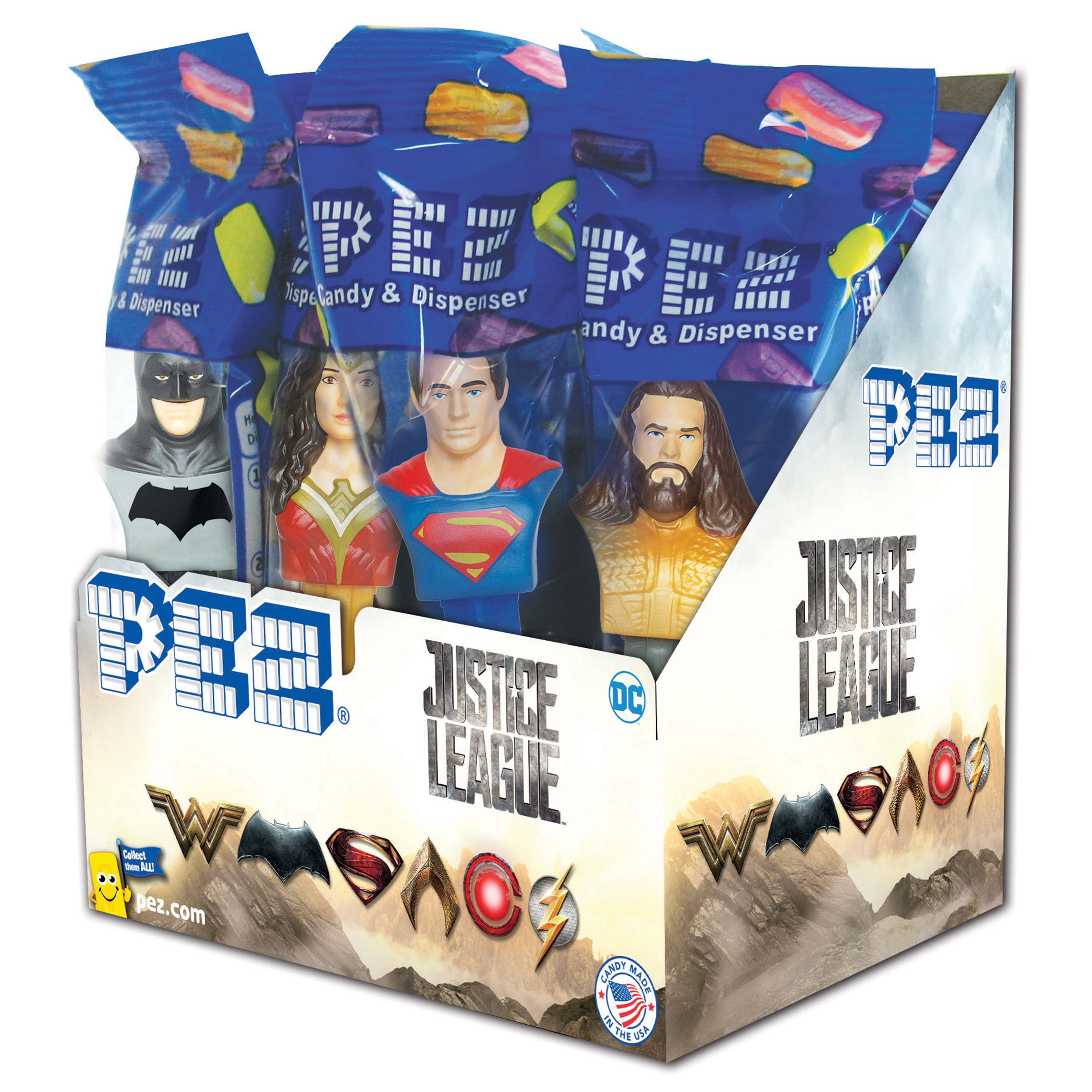PEZ Candy Justice League Assortment, 1 Candy Dispenser Plus 2 Rolls Assorted Fruit Candy, 6.96 oz, Box of 12