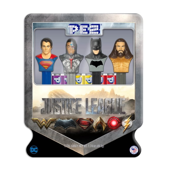 PEZ Candy Justice League Gift Tin, 4 Candy Dispensers Plus 6 Rolls Assorted Fruit Candy, 1 Count, 1.74 oz