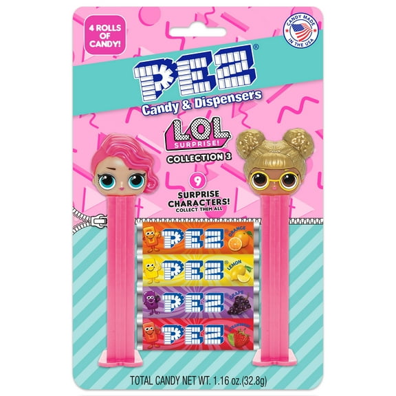 PEZ Candy LOL Surprise 2 Dispensers Plus 4 Rolls Assorted Fruit Candy, 1 Count, 1.16 oz