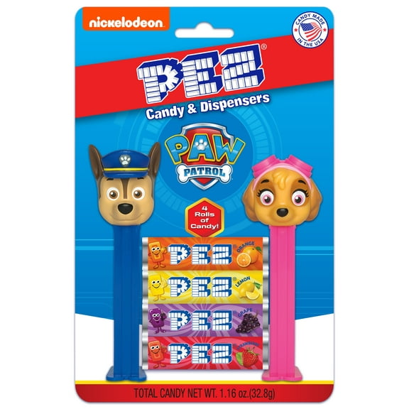 PEZ Candy Paw Patrol 2 Dispensers Plus 4 Rolls Assorted Fruit Candy, 1 Count, 1.16 oz