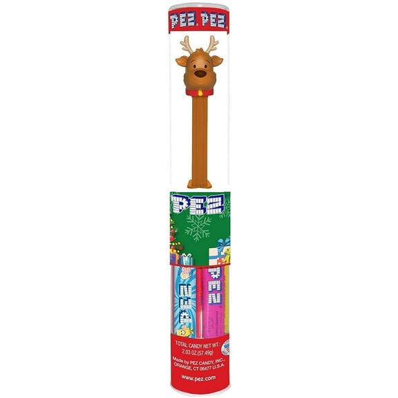 PEZ Christmas Collection Christmas Holiday Candy Dispenser Tube, 7 Rolls of Candy (Assorted Fruit & Sugar Cookie Flavor PEZ Candy) - Reindeer