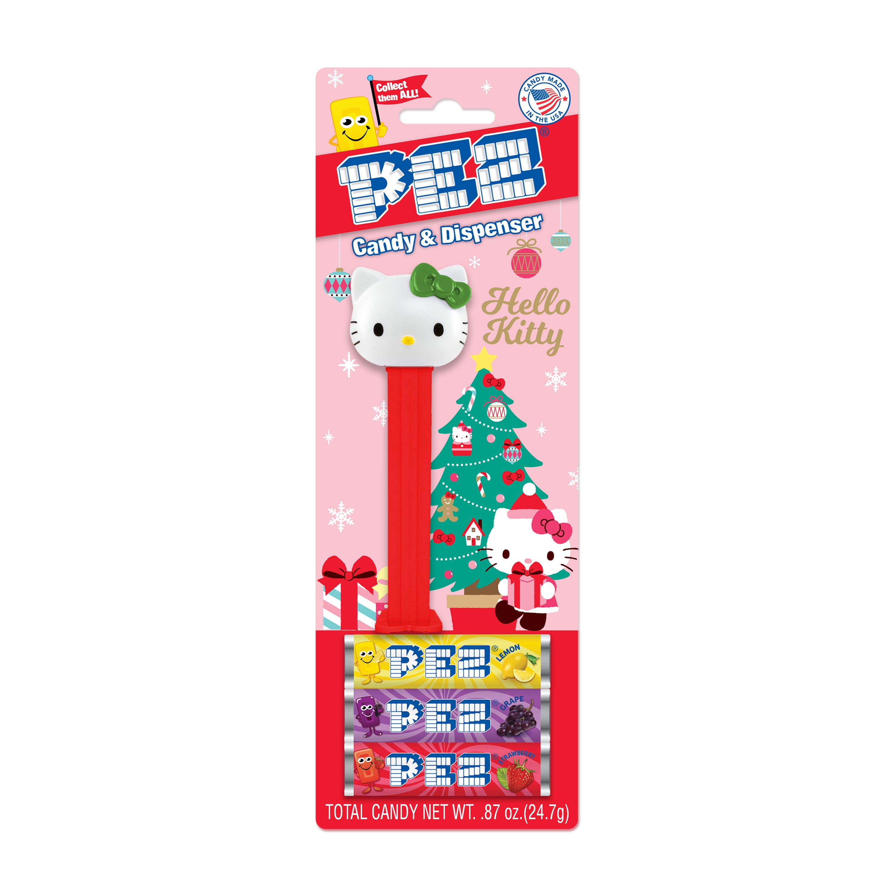 PEZ Christmas Hello Kitty Green Bow Blister,1 Candy Dispenser Plus 3 Rolls Assorted Candy, 1 Count, 0.87 oz