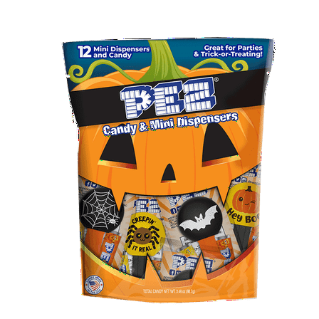 PEZ Halloween Party Bag, 12 Individually Wrapped Mini Candy Dispensers, Each With 1 Candy Refill