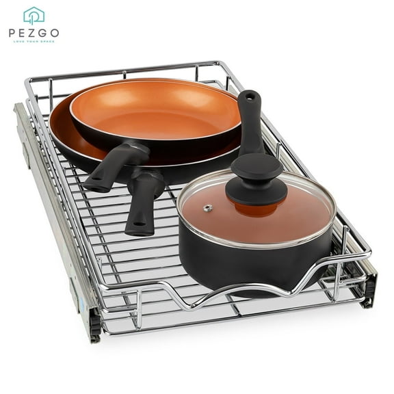 PEZGO Pull out Cabinet Organizer with Steel Metal Chrome Finish , 11”W x 21”D