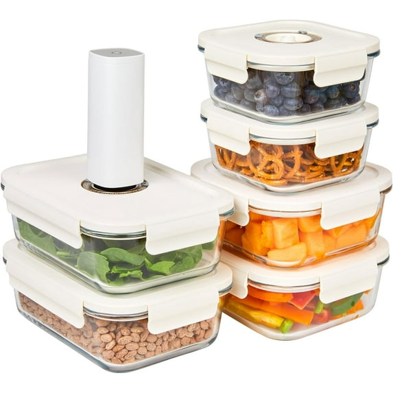 PEZGO Vacuum Food Storage Containers, Set of 6 Glass Containers plus an Electronic Vacuum Pump – Keep Food Fresh Longer, BPA-Free Glass, Leak-Proof, Ideal for Meal Prep, Marinating.