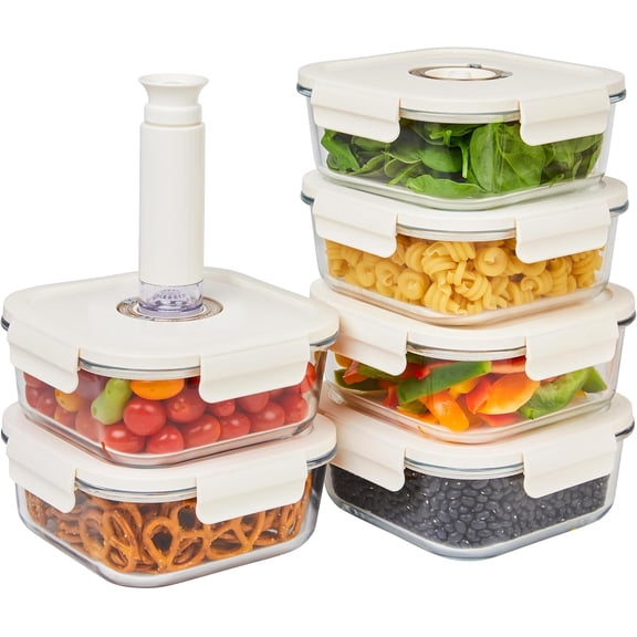 PEZGO Vacuum Food Storage Containers, Set of 6 Glass Containers plus a Manual Vacuum Pump – Keep Food Fresh Longer, BPA-Free Glass, Leak-Proof, Ideal for Meal Prep, Marinating