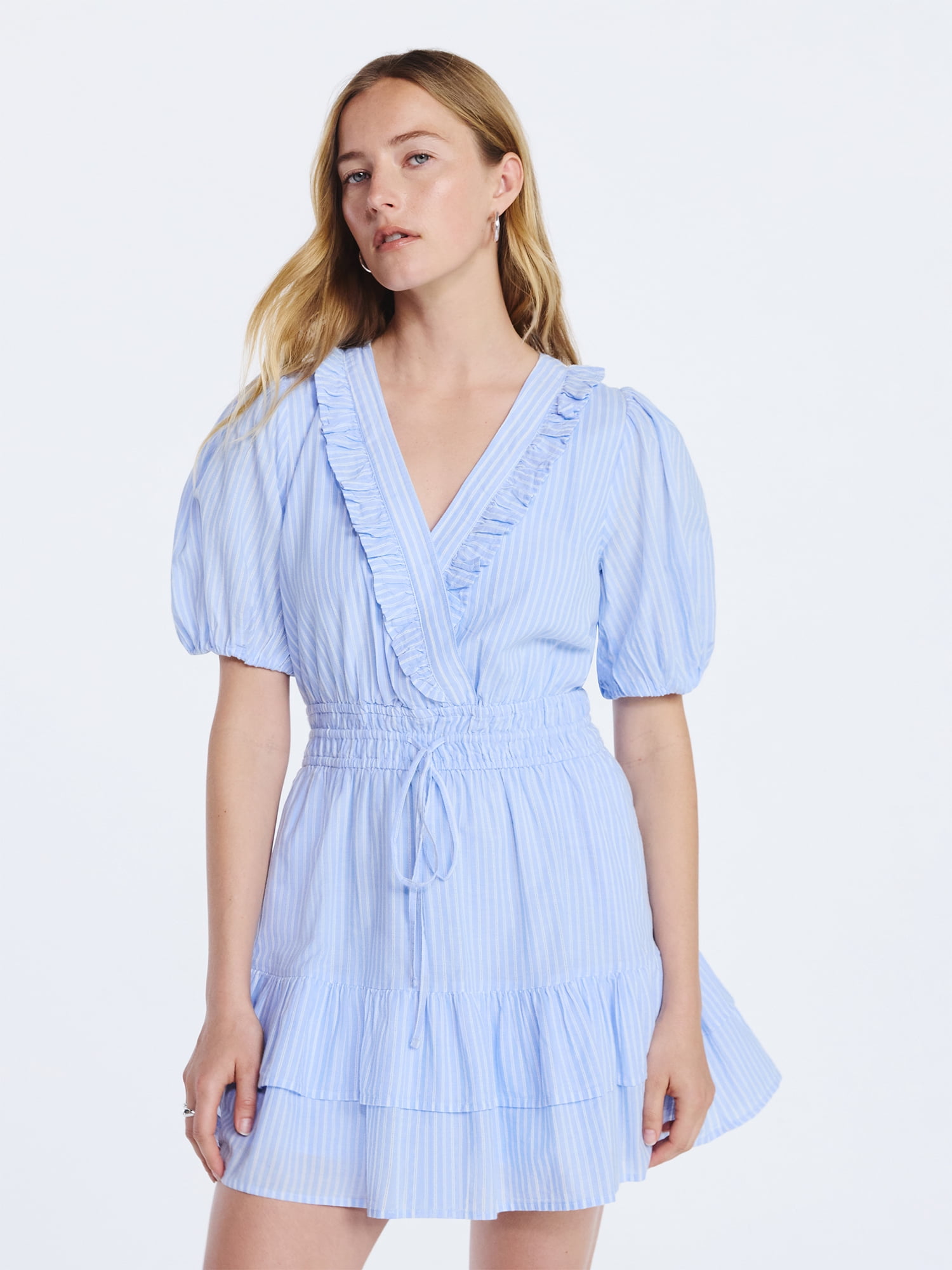 Free Assembly Women's Tiered Ruffle Mini Dress with Short Puff Sleeves, Sizes XS-XXL