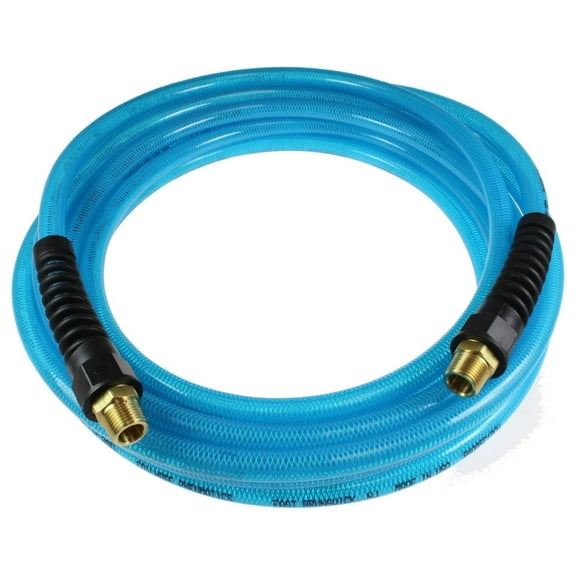 PFE60254T Flexeel Reinforced Polyurethane Air Hose, 3/8-Inch ID, 25-Foot Length with (2) 1/4-Inch MPT Reusable Strain Relief Fittings, Transparent Blue