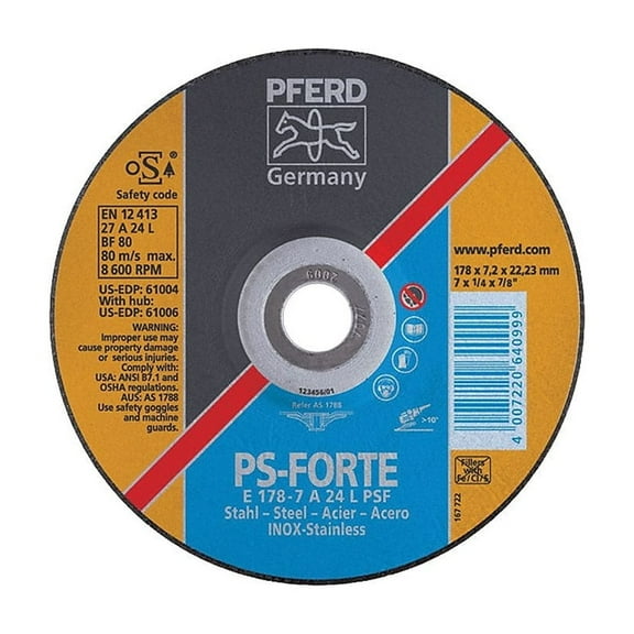 Type 27 General Purpose PSF-INOX Depressed Center Wheel, 4-1/2 in dia, 1/4 in Thick, 5/8 in Arbor, 24 Grit