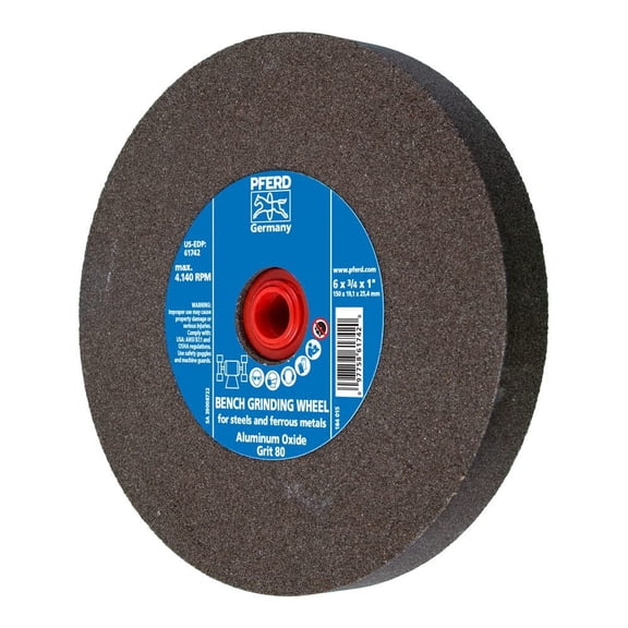 PFERD 61742 Bench Grinding Wheel, Aluminum Oxide, 6" Diameter, 3/4" Thick, 1" Arbor Hole, 80 Grit, 4140 Maximum RPM