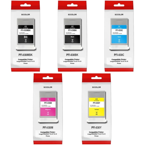 PFI-030 Ink Cartridge Compatible for Canon PFI-030 Pigment Ink Tank Kit PFI-030MBK PFI-030BK PFI-030C PFI-030M PFI-030Y Replacement for Canon for imagePROGRAF TA-20 TA-30 Series Printer,5-Pack
