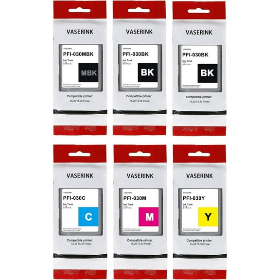 PFI-030 Ink Tank Set(6-Pack, 2Black,1Matte Black, 1Cyan, 1Magenta, 1Yellow) PFI-030MBK PFI-030BK PFI-030C PFI-030M PFI-030Y Ink Replacement for Canon TA-20 TA-30 Printer