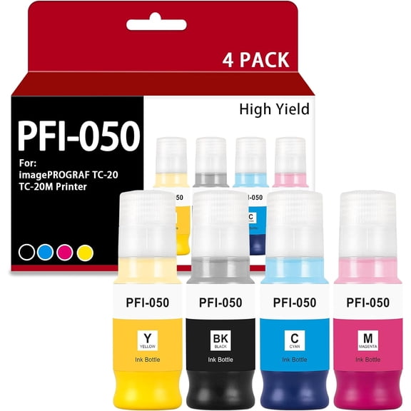 PFI-050 Ink Tank Refill Replacement for PFI-050 PFI 050 PFI050 Ink Bottle Compatible with Canon imagePROGRAF TC-20 & TC-20M Printer (4 Pack, Black Magenta Cyan Yellow)