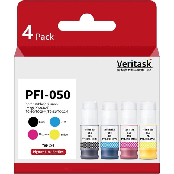 PFI-050 Pigment Ink Tank Set Replacement for Canon PFI-050 Ink Refill Bottles, PFI050 Ink Compatible with Canon imagePROGRAF TC-20 TC-21 TC-20M TC-21M Printers, 4 Pack (BK C M Y)