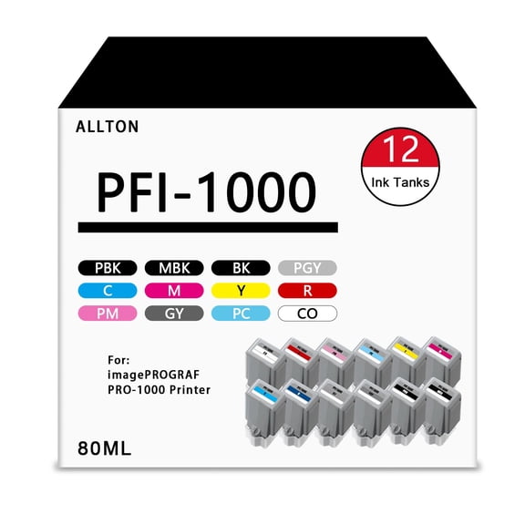 PFI-1000 Ink Cartridges High Capacity PFI1000 Ink with Chip Compatible Canon PFI 1000 Ink Cartridge Replacement for Canon ImagePROGRAF PRO 1000 Printer(12-Pack,80ml)