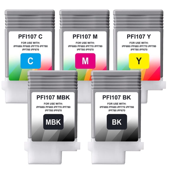 PFI-107 130ml Full Color Ink Tank Set Replacement for PFI-107MBK PFI-107BK PFI107C PFI107M PFI107Y Compatible for iPF680 685 780 785 Printer (5-Pack,MBK, BK, CY, MG, YE)