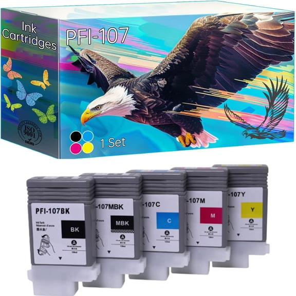 PFI-107 Ink Cartridges Compatible for Canon imagePROGRAF iPF680 iPF685 iPF770 iPF780 iPF785 Printers, High Yield 7500 Pages, Clear Printing Bright Colors (1 Set)