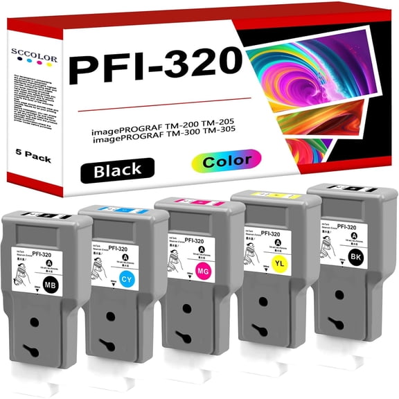 PFI-320 PFI 320 PFI320 Ink Cartridge Replacement for Canon ImagePROGRAF TM-250 TM-255 TM-350 TM-355 Ink Tank Set (5-Pack, MBK BK C M Y)