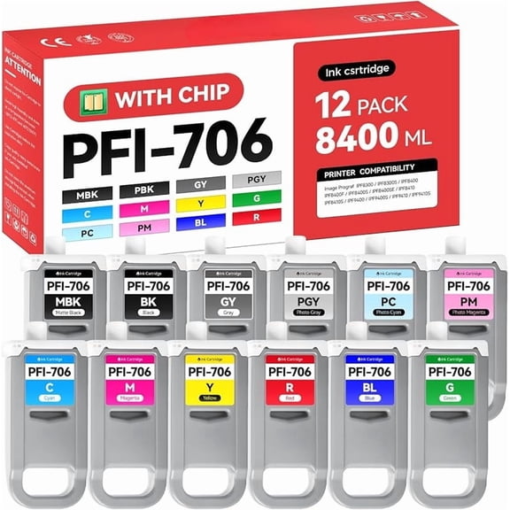 PFI-706 Pigment Ink Tank 12-Pack 700ml Ink Cartridges Compatible with Canon ImagePROGRAF iPF8300 iPF8300S iPF8400F iPF8400S iPF8400SE iPF9400 iPF9400S iPF8400 iPF8410 iPF9410 iPF8410S iPF9410S