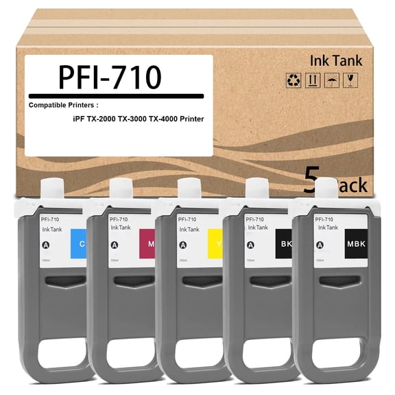 PFI-710MBK PFI-710BK PFI-710C PFI-710M PFI-710Y High Capacity Ink Cartridge with chip with 700ml Ink Works for TX-2000 TX-2100 TX-3000 TX-3100 TX-4000 TX-4100 (5-Pack)