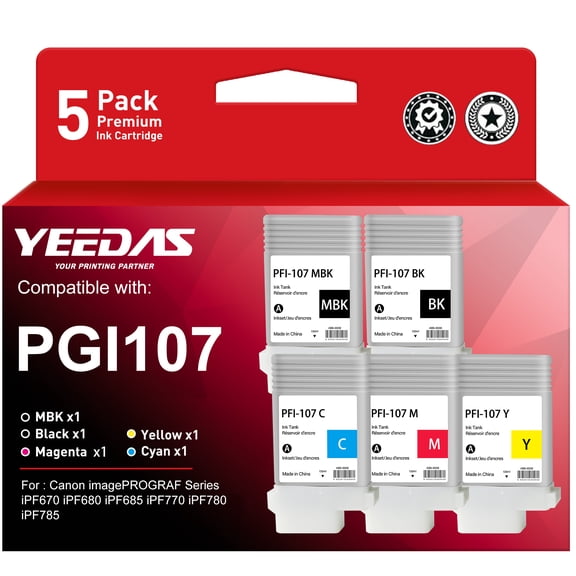PFI107 Ink Cartridge Replacement for Canon Image PROGRAF iPF670 iPF680 iPF685 iPF770 iPF780 iPF785 Printer(5 Pack)