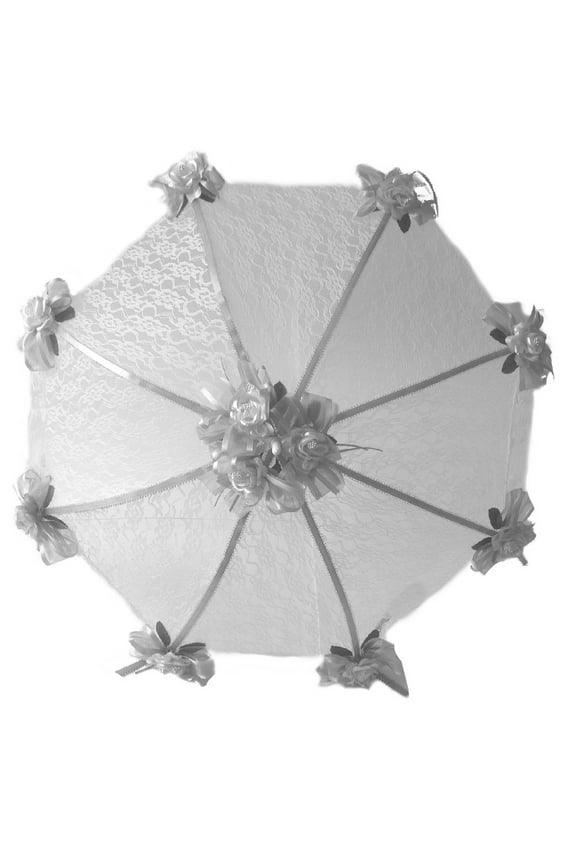 Decorated Bridal Shower White Lace Umbrella Parasol 36" Silver Roses