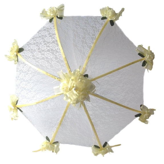 PFP Decorated Bridal Shower White Lace Umbrella Parasol 36" Yellow Roses
