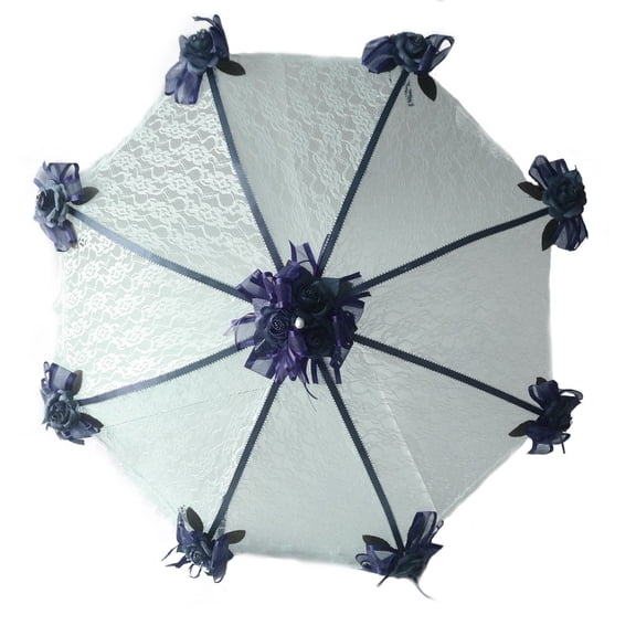 PFP Decorated Bridal Shower White Lace Umbrella Parasol 36" and Navy Blue Roses