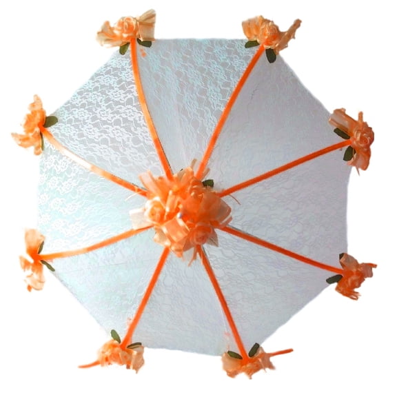 PFP Decorated Bridal Shower White Lace Umbrella Parasol 36" and Orange Roses