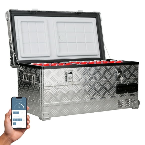 PFRIGO 12V Car Refrigerator, Car Fridge 45 Quarts (42L), Aluminum Truck Bed Portable Freezer, Dual Zone APP Control Electric Compressor Cooler, with Wheels,12/24V DC and 100-240V AC for Pickup Trucks