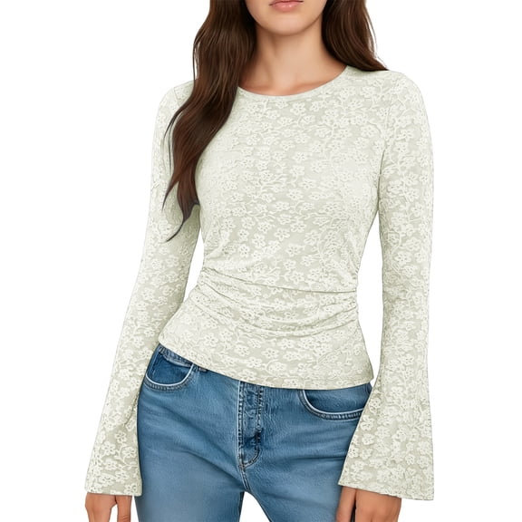 PFRNLF Bell Long Sleeve Shirts for Women No Boundaries Summer Crew Neck Basics Crop Tops Slim Fitted Tops