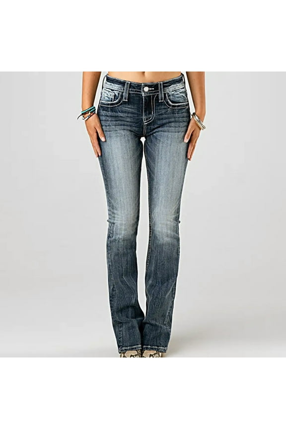 Bootcut Jeans for Women Stretchy Washed Mid Rise Straight Leg Casual Denim Pants