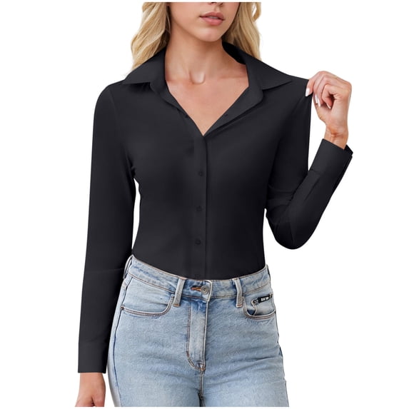 PFRNLF Button Down Shirts for Women Long Sleeve Stretch Fitted Dress Shirt Wrinkle Free Collared Business Work Tops