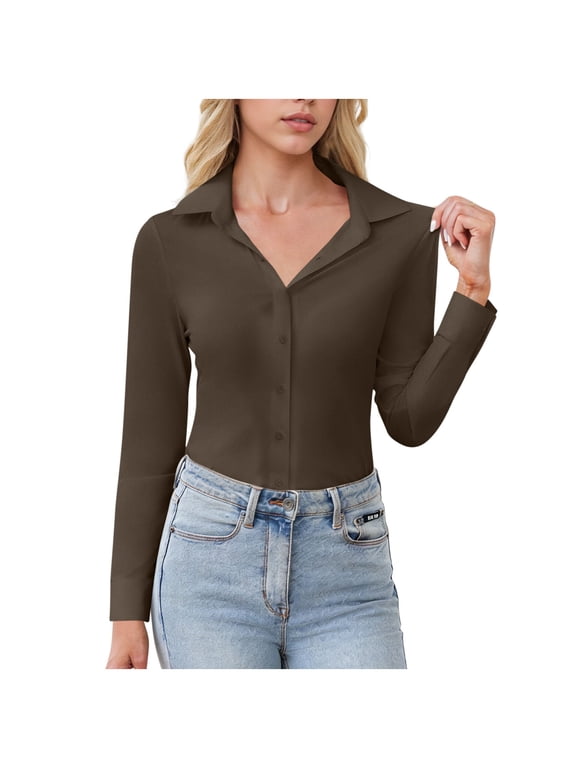Button Down Shirts for Women Long Sleeve Stretch Fitted Dress Shirt Wrinkle Free Collared Business Work Tops