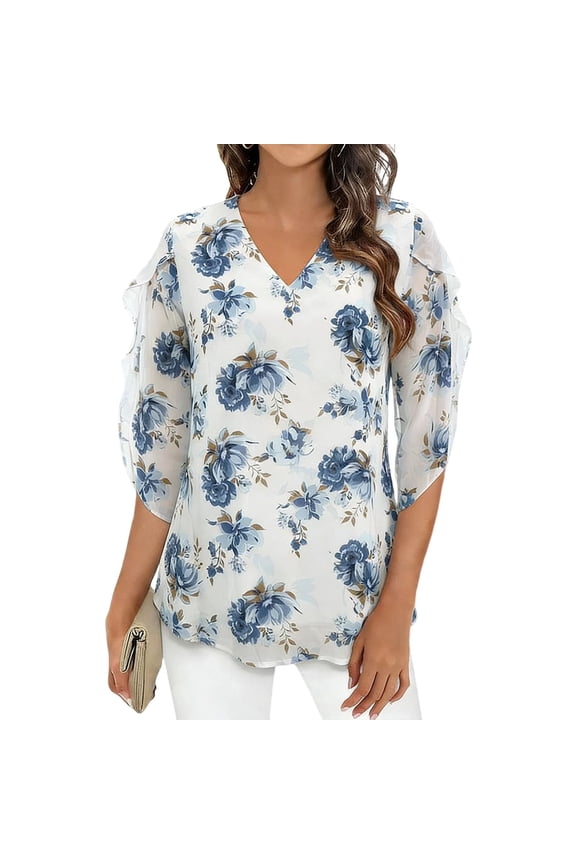 Chiffon Shirts for Women Summer Dressy Blouses Casual V Neck 3/4 Sleeve Tops