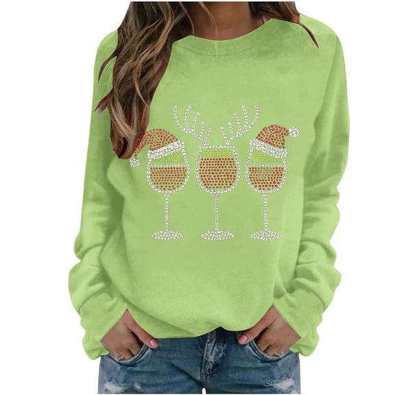PFRNLF Christmas Sweatshirts for Women Long Sleeve Christmas Wine Glass Funny Print Pullover Tops