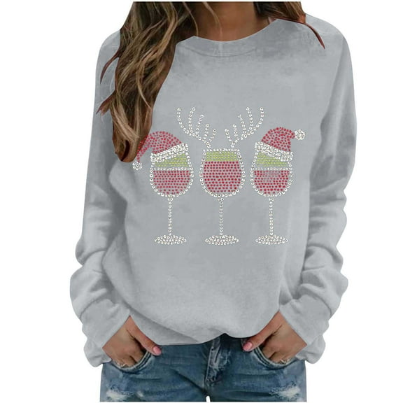 PFRNLF Christmas Sweatshirts for Women Long Sleeve Christmas Wine Glass Funny Print Pullover Tops