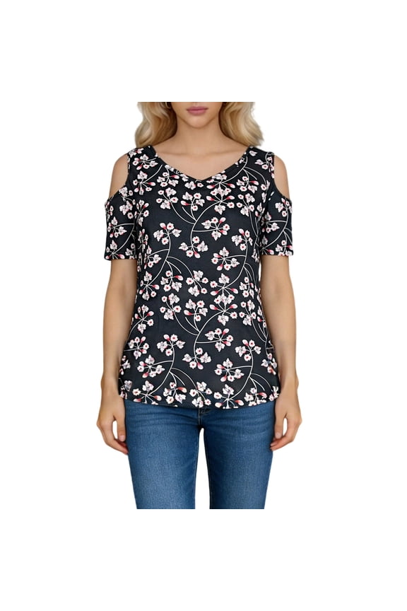 Cold Shoulder Tops for Women Summer Floral V Neck Tunic Short Sleeve Blouse