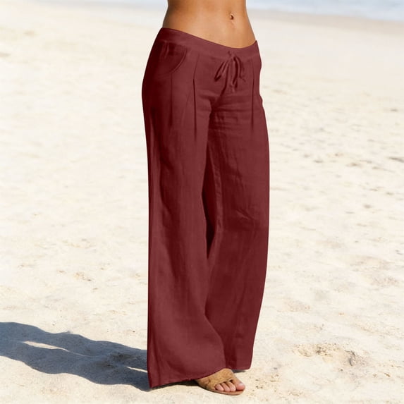 PFRNLF Cotton Linen Pants for Women Flowy Palazzo Elastic Waist Trousers Summer Beach Vacation Pants